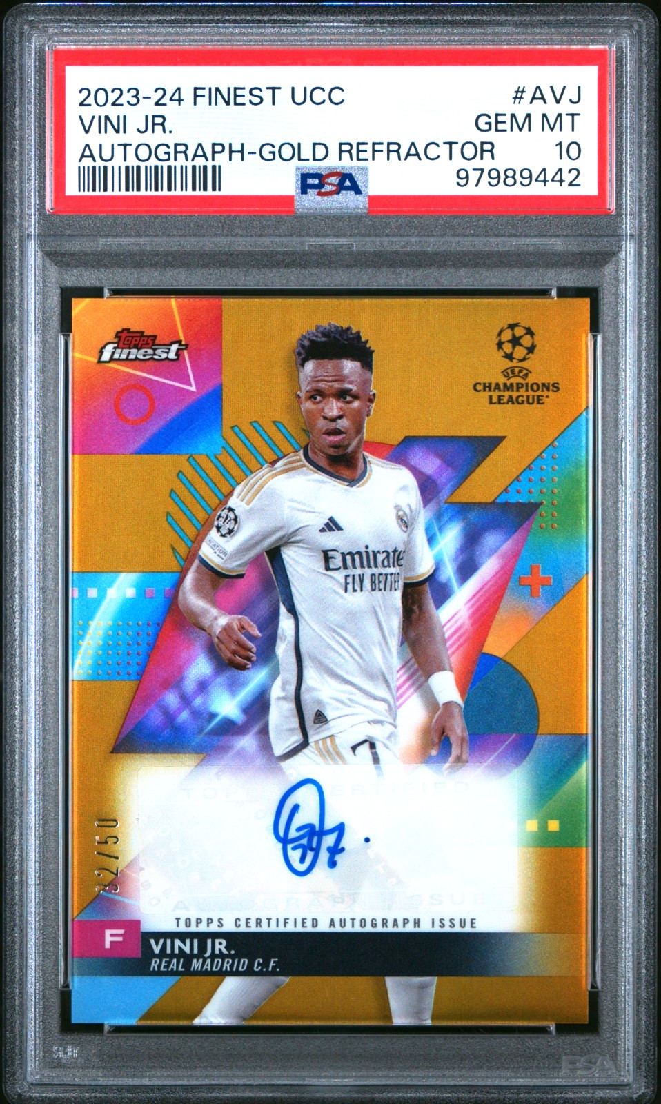 Vini Jr Auto PSA 10 Gold /50 Refractor 2023-24 Topps Finest UCC UEFA Pop 6