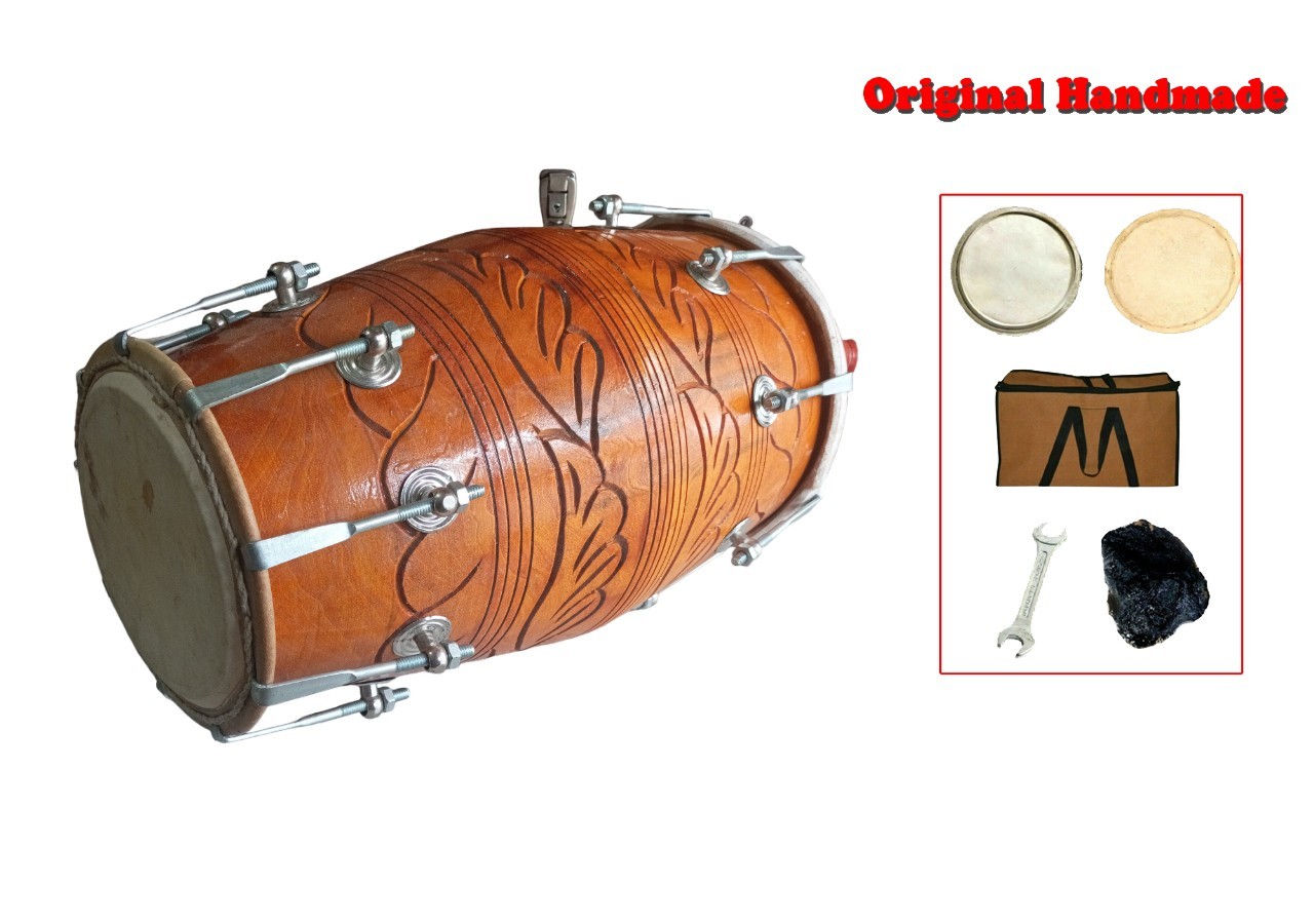 Professional Sheesham Nut Bolt Dholak 17” Hand Carved Tunable Indian Master Drum