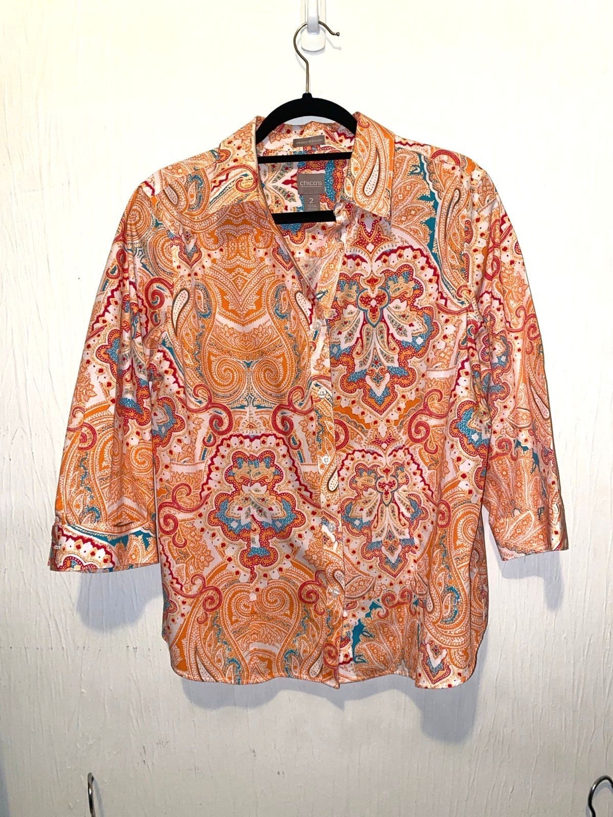 Chico\'s No Iron Orange Paisley 3/4 Sleeve Button Up Shirt Size 2 Large