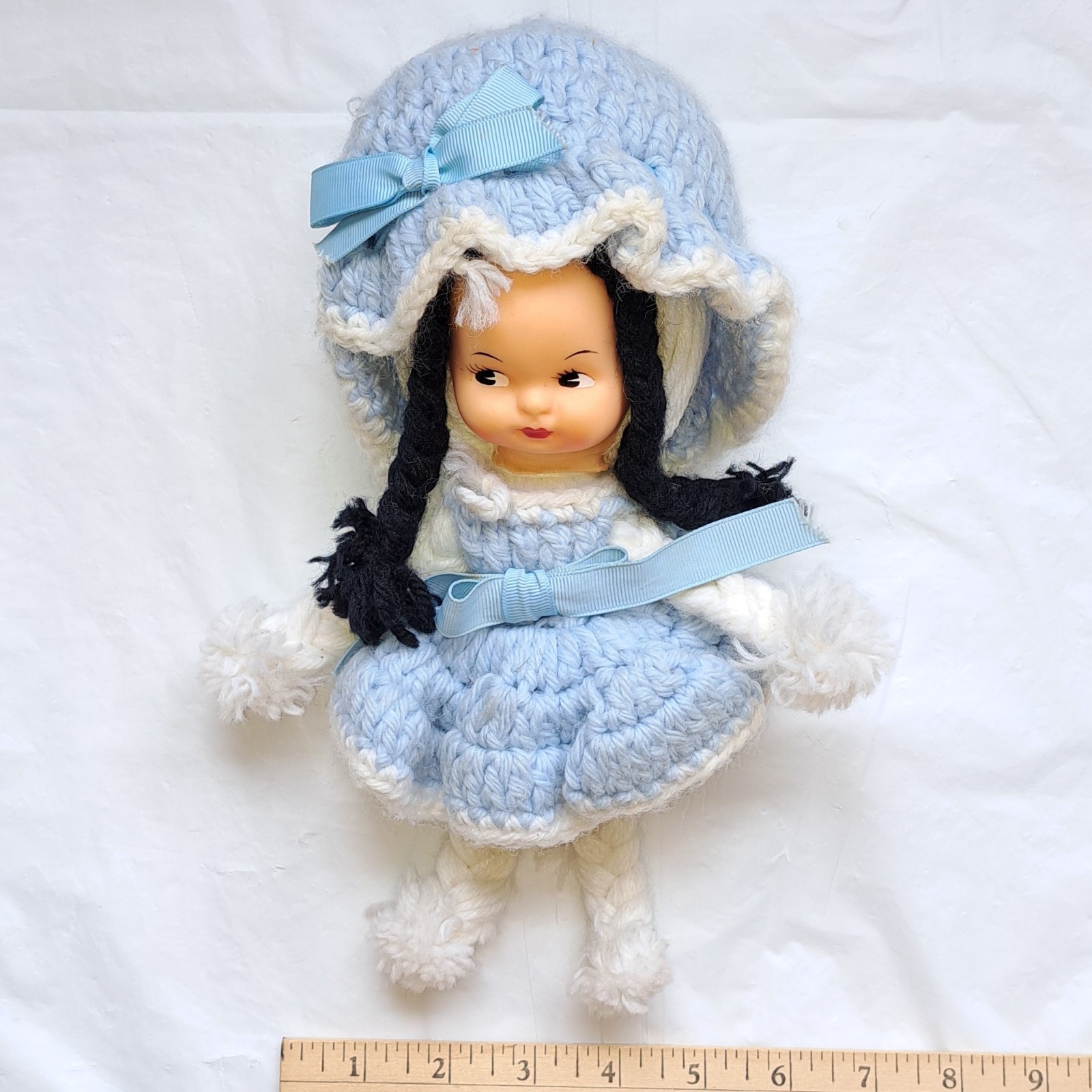 Vintage Handmade(?) Doll Crochet Dress Bonnet Rope Yarn Arms Legs, Plastic Head