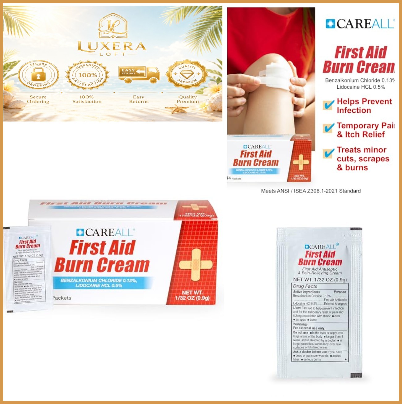NEW 144 Pack First Aid Burn Cream 0.9g Packets Pain Relief Lidocaine Antiseptic