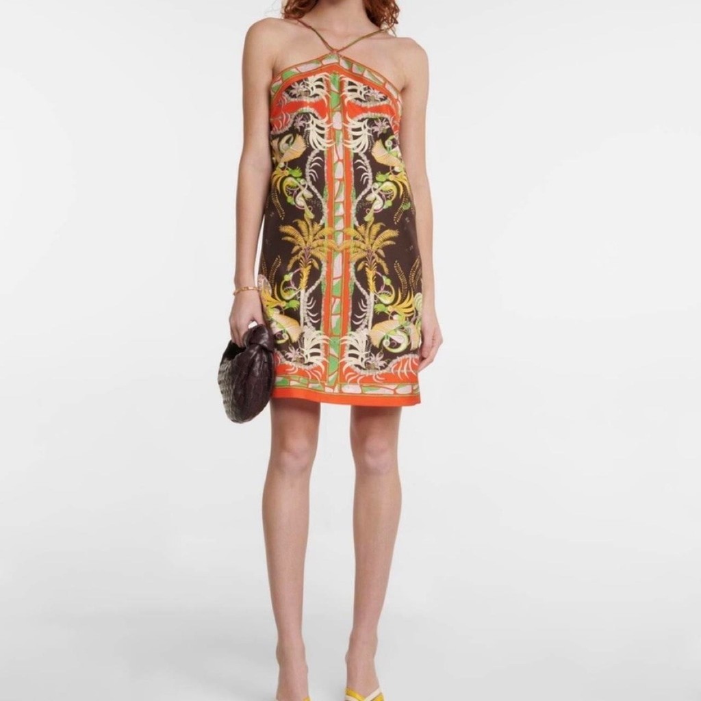 Emilio Pucci silk dress with orange, brown, and green palm tree and bird motifs