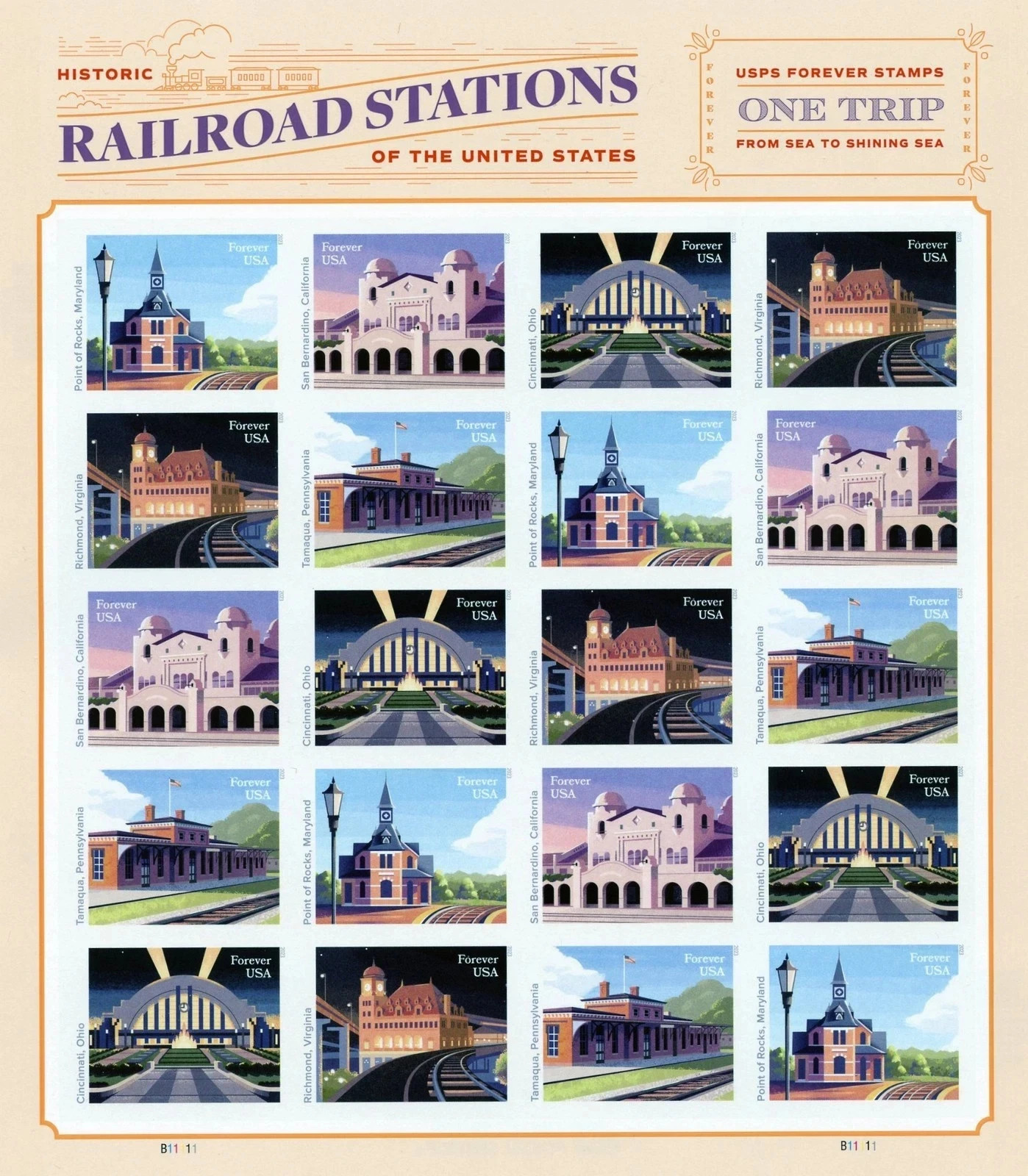 2023 Railway Station Permanent Stamps, 100 stamps.Creative stamp collectibles