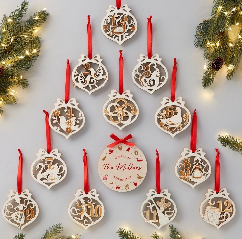 Personalized 12 Days of Christmas Wood Ornament Set Family Name 13 Piece Personalized 12 Days of Christmas Wood Ornament Set Family Name 13 Piece