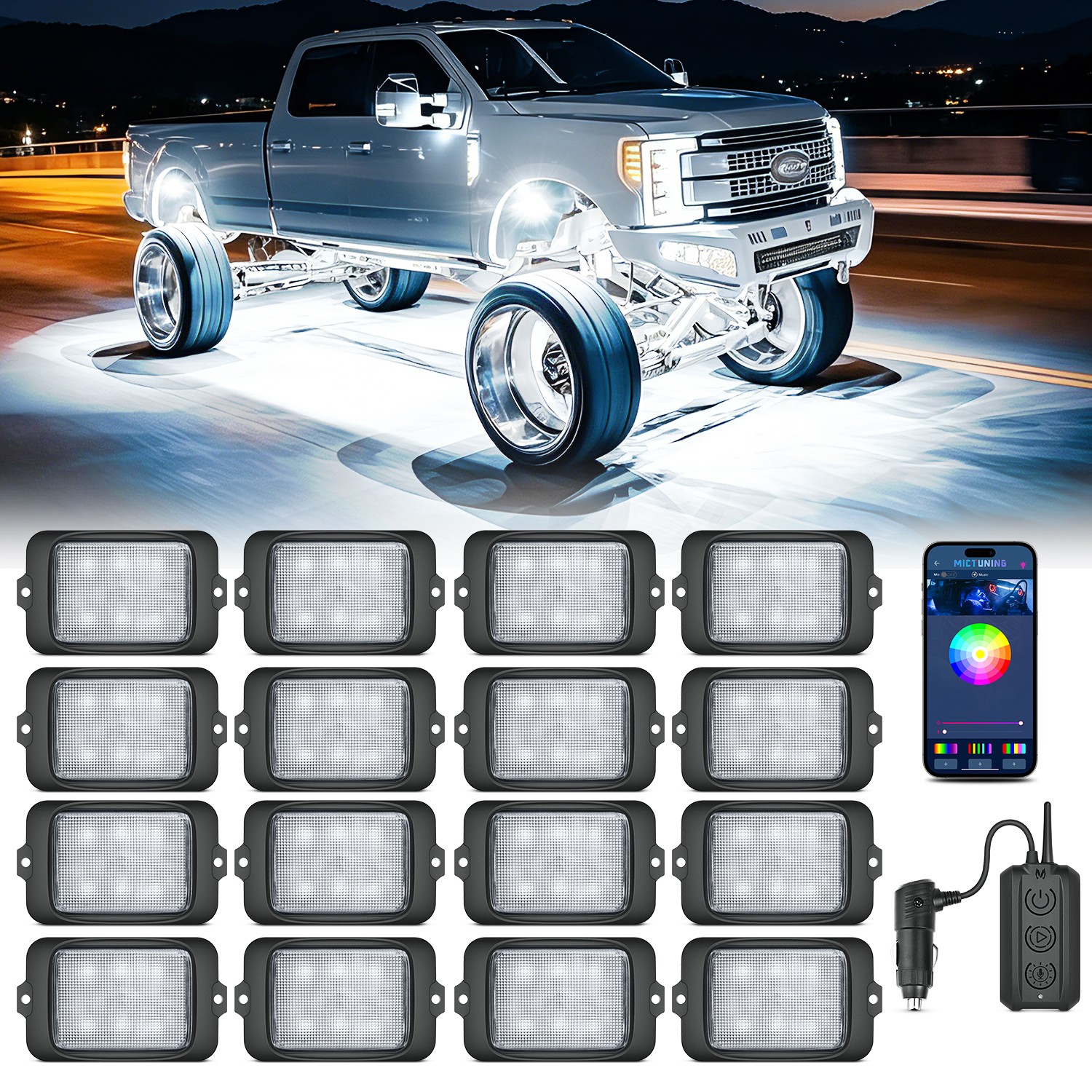 MICTUNING C3 RGBW LED Rock Lights-16 Pods Wireless Control Neon Underglow Lights