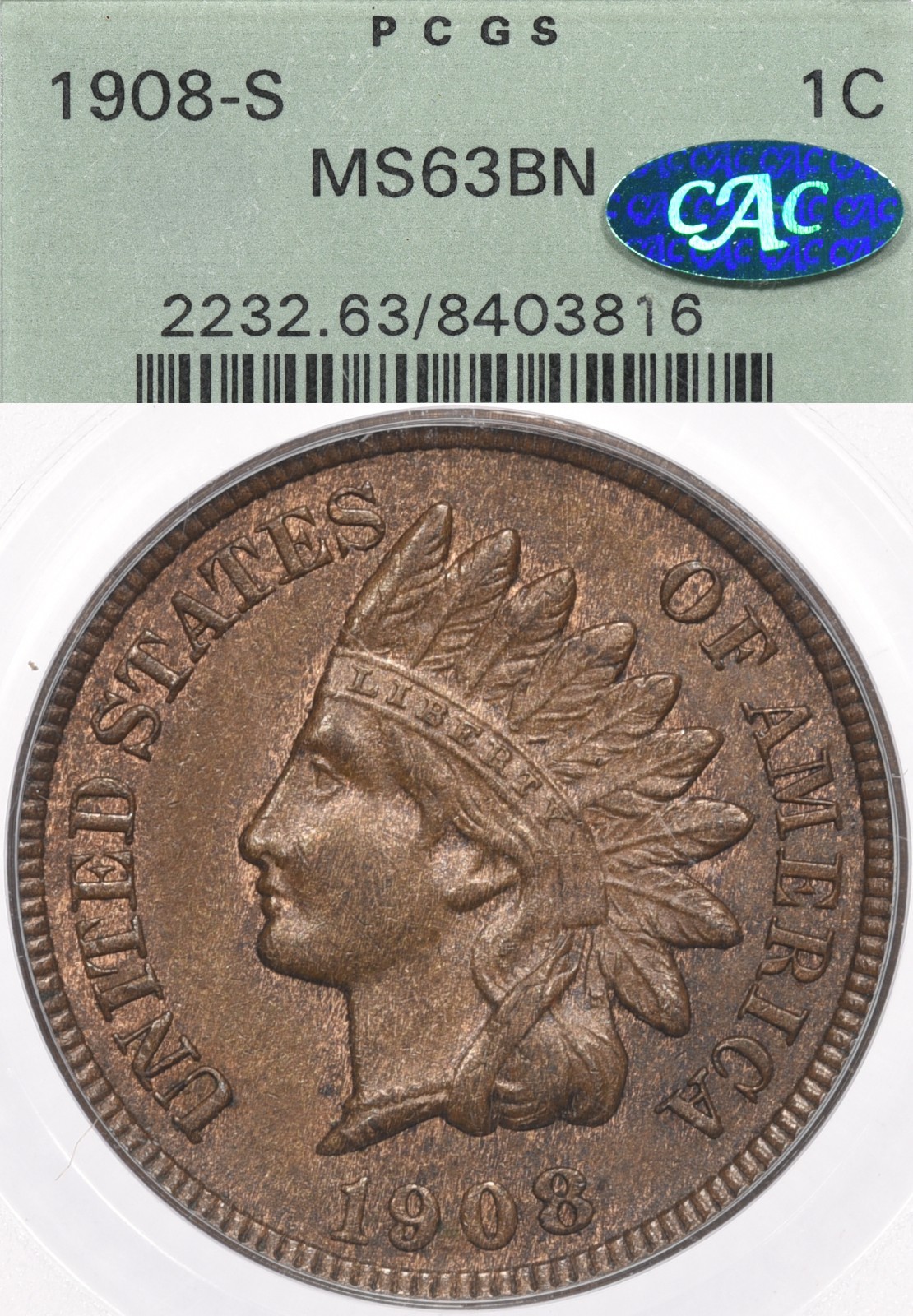 1908-S 1C PCGS MS63 BN CAC OGH Indian Head Cent Penny San Francisco