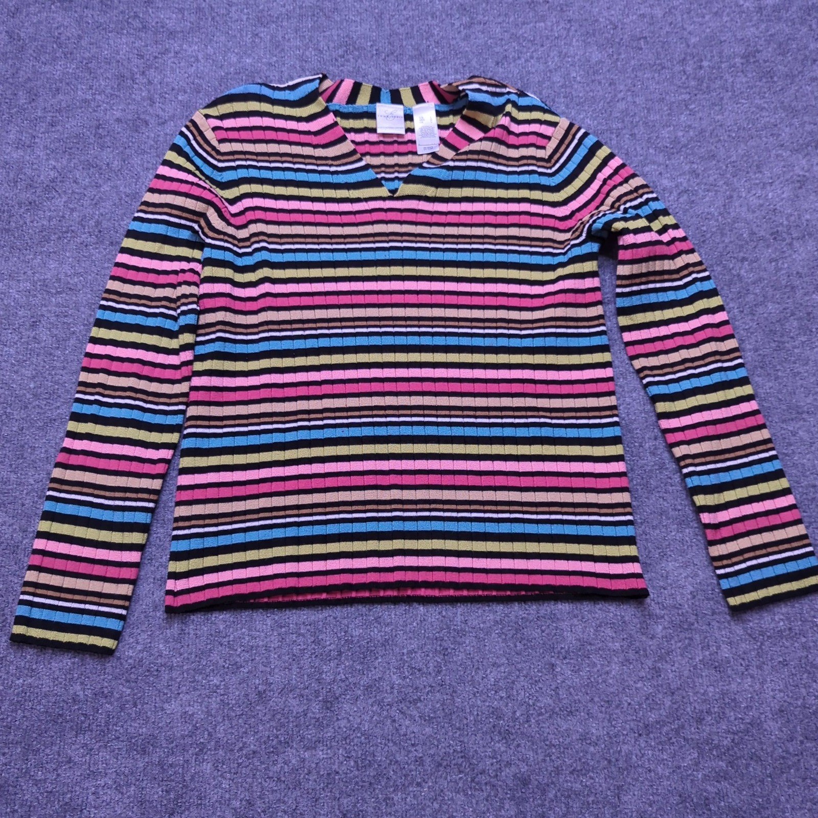 Emma James Sweater Large Multi-Color Striped Ribbed Knit V-Neck Pullover