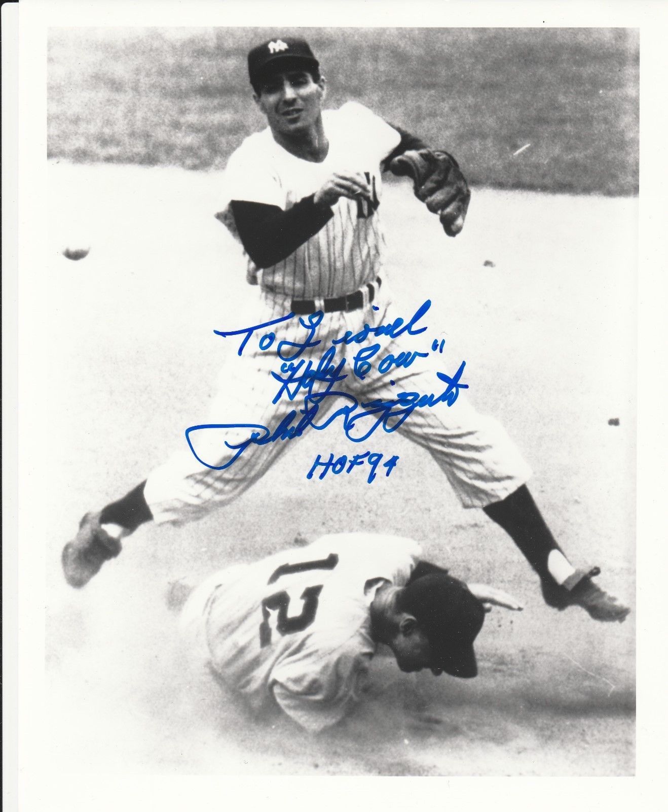 PHIL RIZZUTO SIGNED 8x10 B&W PHOTO TO LIONEL HOLY COW HOF 94 PERSONALIZED 