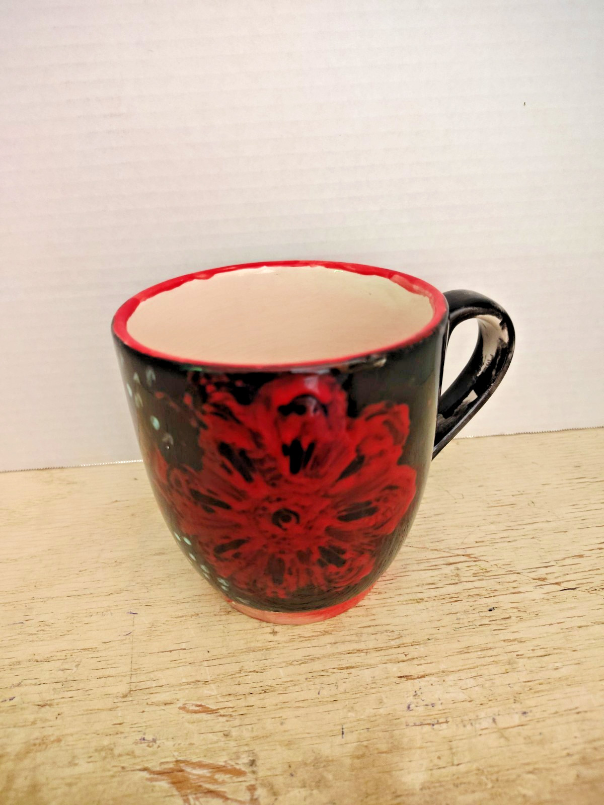Artist Signed Handmade Studio Pottery Mug Black Red Floral Hand Painted Ceramic
