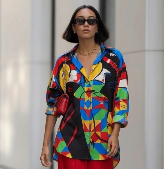 Escada Margaretha Ley Silk Blouse Graphic Art Print Red Black Button Shirt M/L