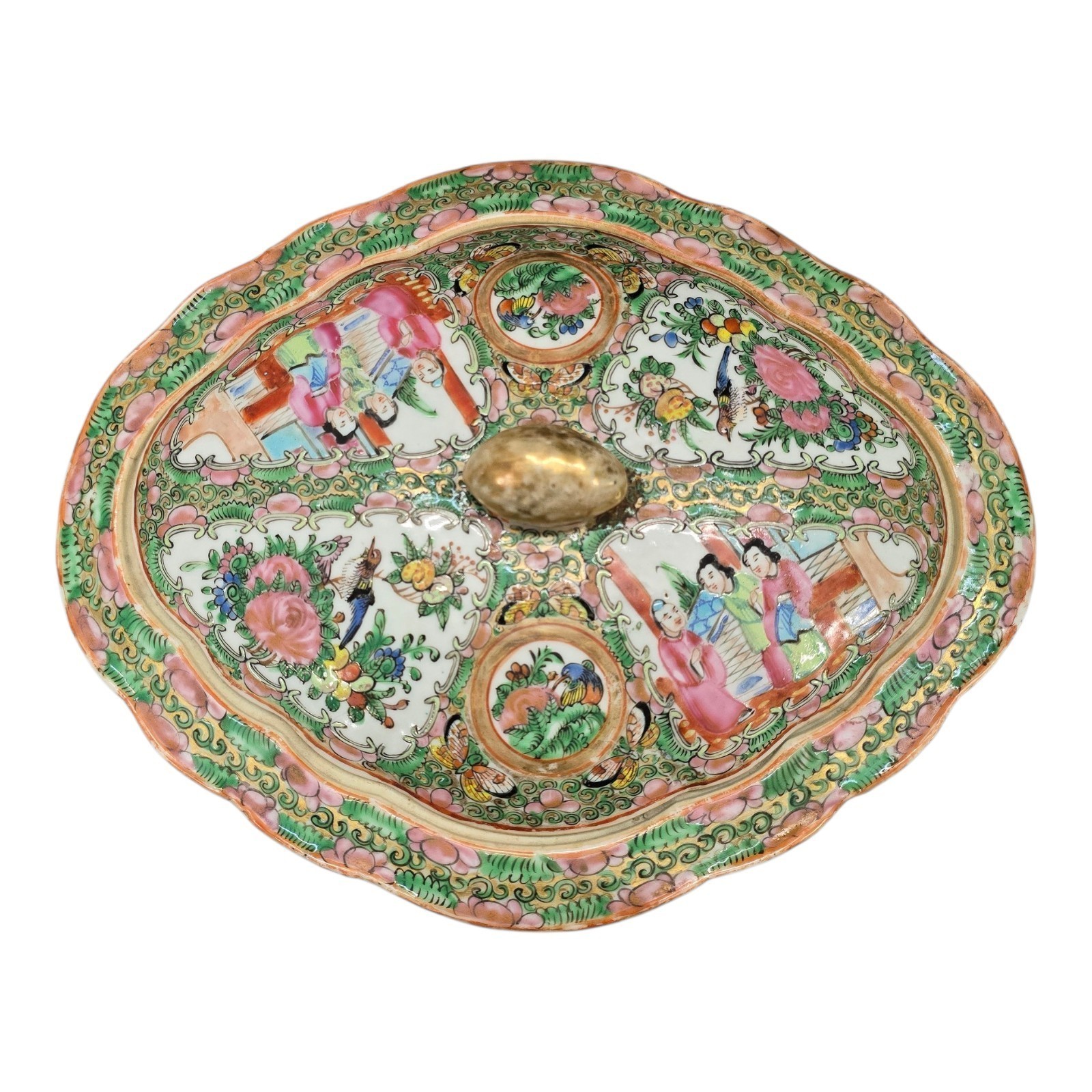 19th C Chinese Famille Rose Medallion Lidded Serving Dish Tureen Scalloped Qing