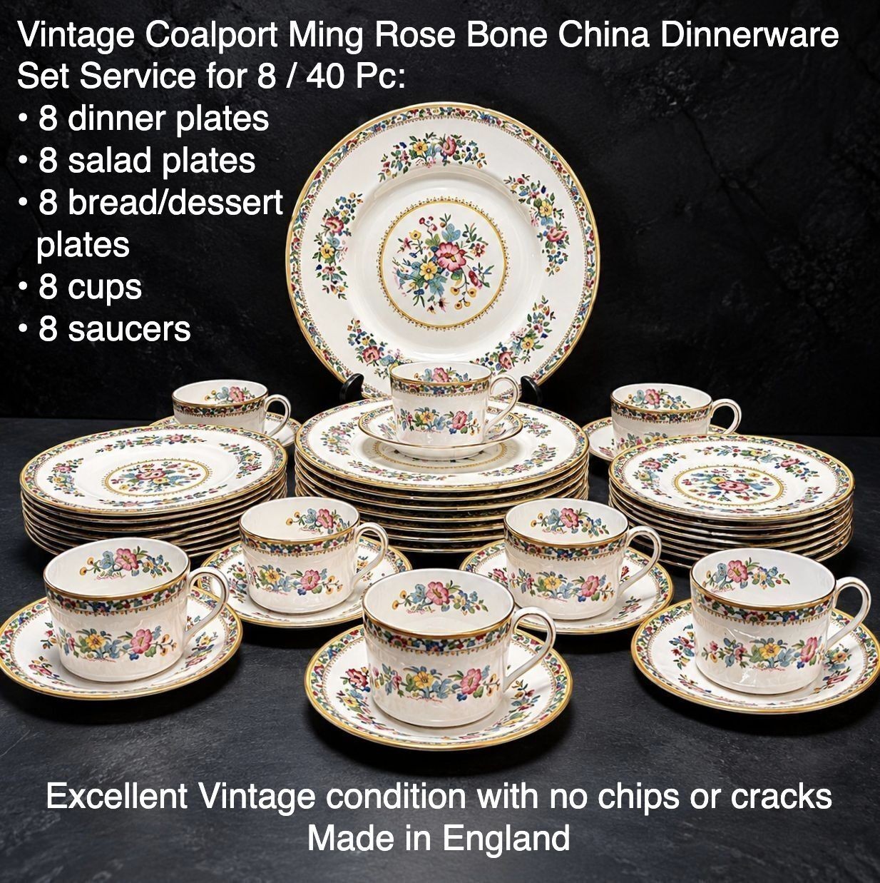 Vintage Coalport Ming Rose Bone China Dinnerware Set Service for 8 England 40 Pc