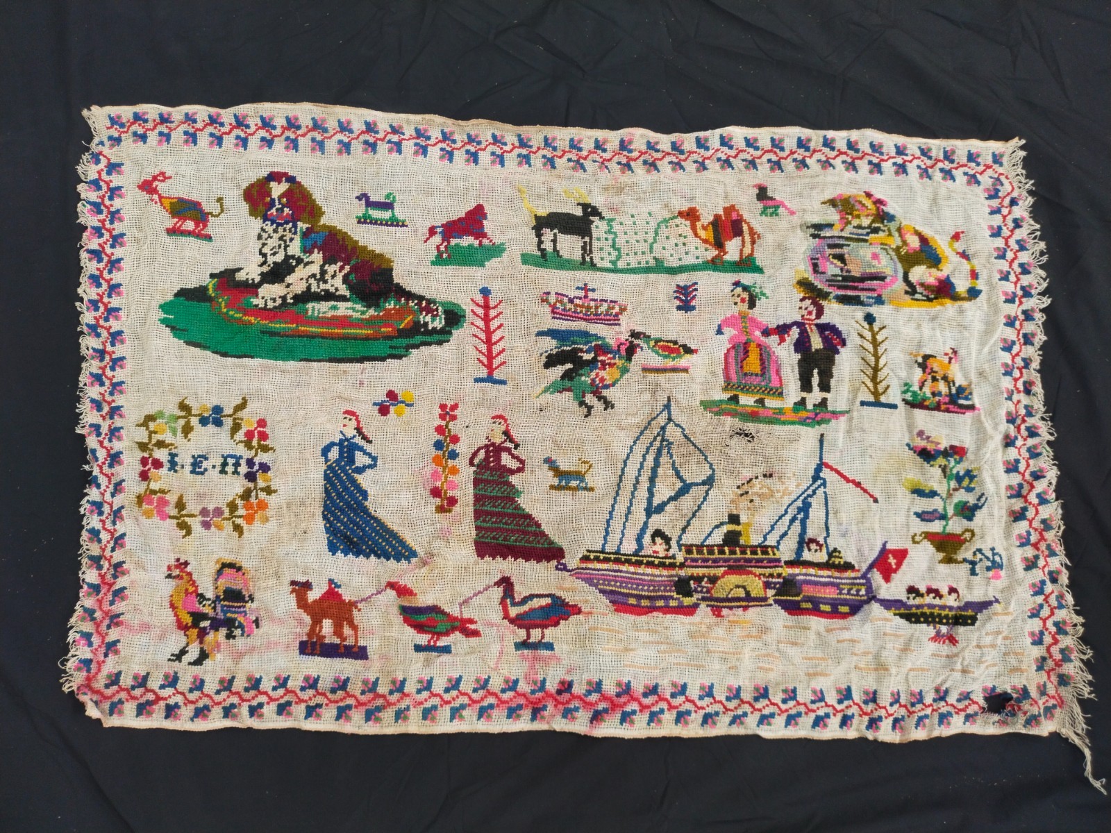 Vintage Needlepoint Embroidery Sampler Animals Figures Ships Folk Art Decor