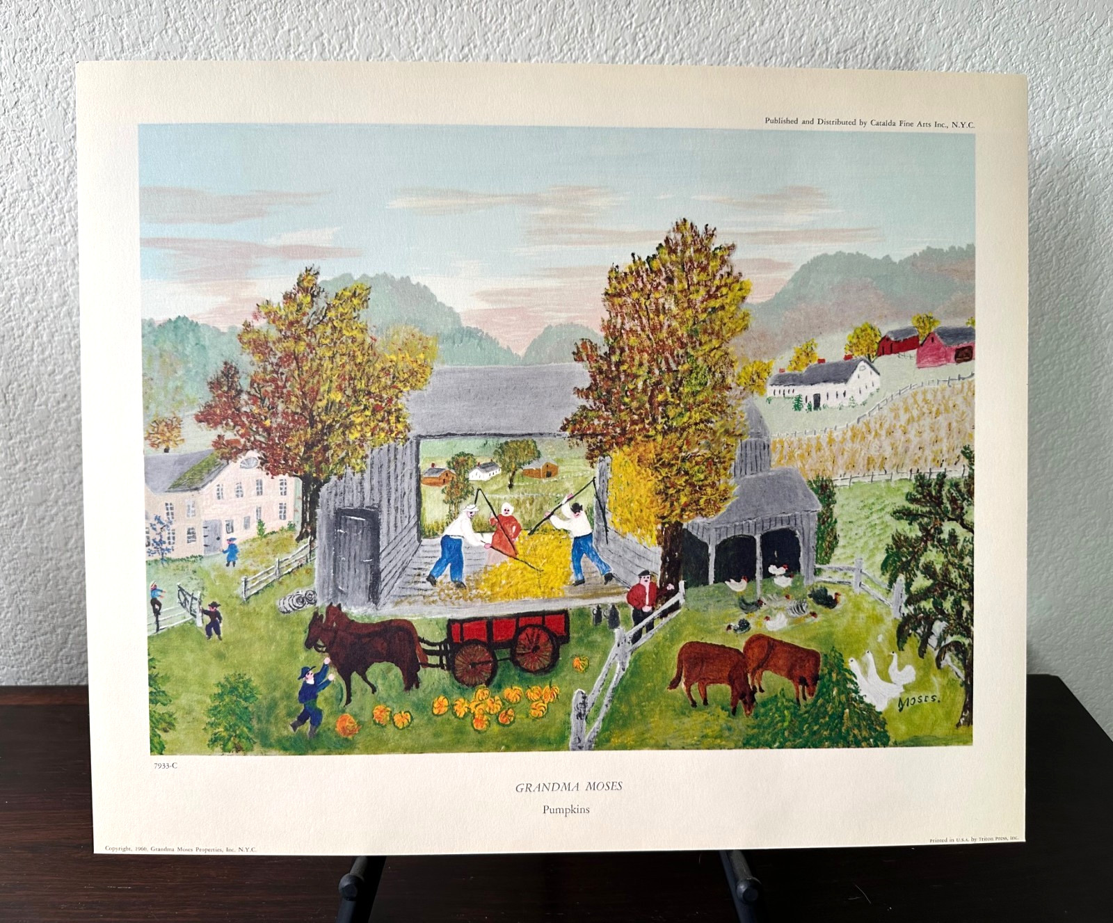 1960 Triton Press Collotype Fine Art Print Grandma Moses \'Pumpkins\' DS30