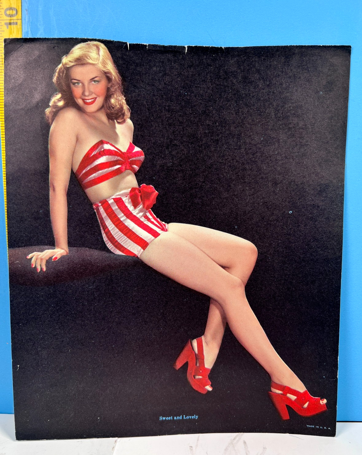 Beautiful Pinup Sweet & Lovely Girl in Red Striped Shorts & Red Hi-Heels 7x9