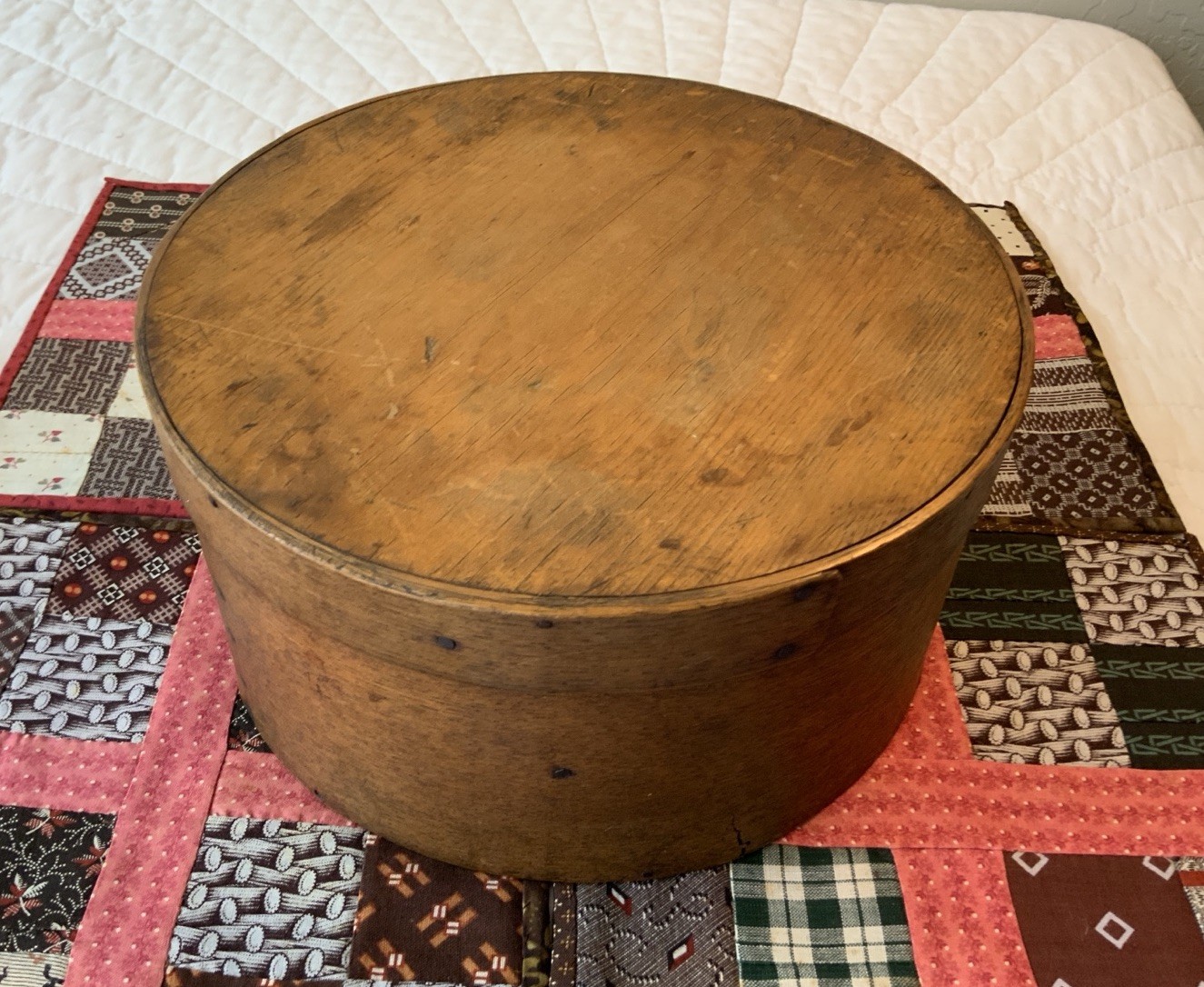 Antique Primitive Wood Pantry Box, 9 1/2” Round, 5 3/4” Tall, Brown