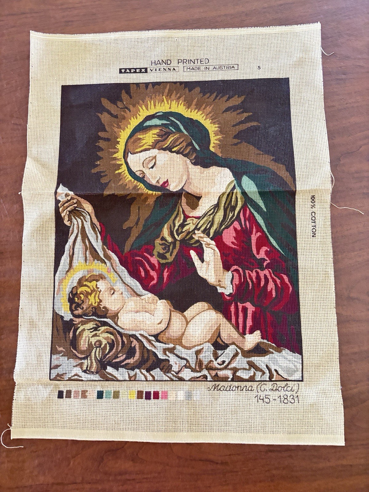 MADONNA OF THE VEIL Hand Printed Needlepoint Canvas Tapex Vienna Austria 24x18