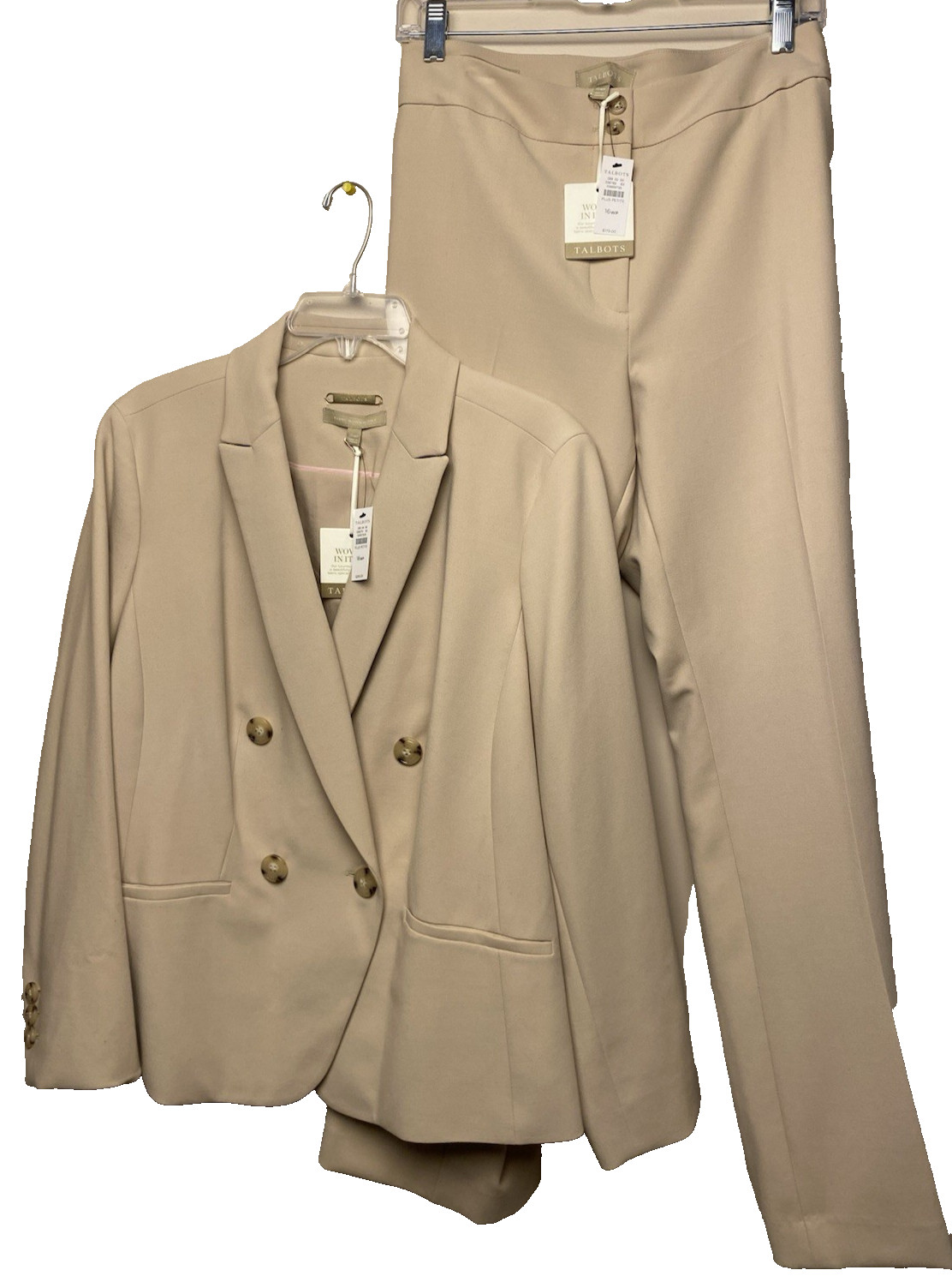 Talbot\'s Sz 16WP 2 Pc Double Breasted Tan Pant Suit Woven Italian Fabric - NWT Talbot\'s Sz 16WP 2 Pc Double Breasted Tan Pant Suit Woven Italian Fabric - NWT