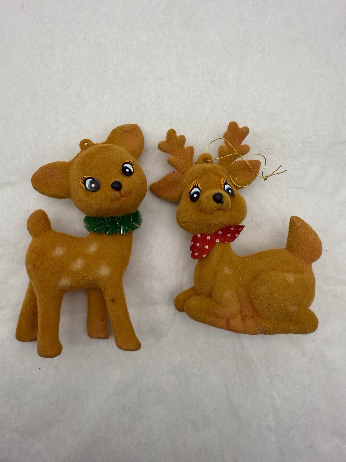2 VTG Flocked Plastic Reindeer Deer Ornaments Green & Red Scarf 2 VTG Flocked Plastic Reindeer Deer Ornaments Green & Red Scarf