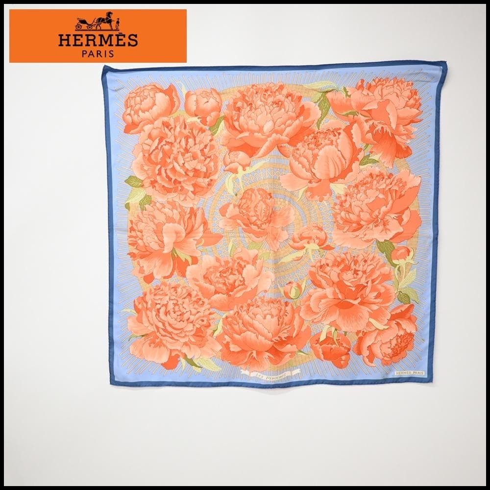 Hermes Carre 90 Les Pivoines Silk Scarf Orange Peony Print Excellent