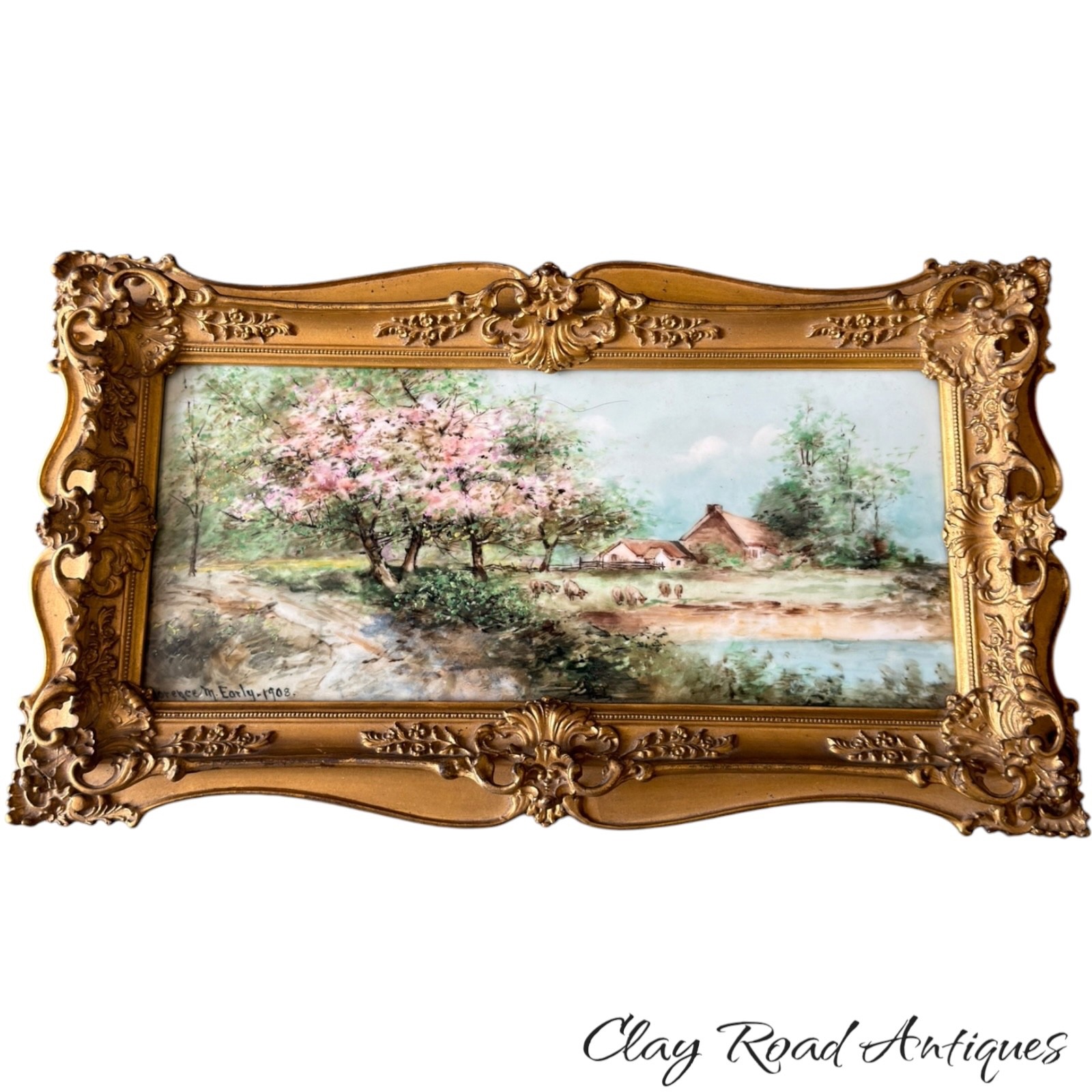 Antique 1908 Hand Painted Porcelain Plaque Landscape Signed Florence Early Frame Antique 1908 Hand Painted Porcelain Plaque Landscape Signed Florence Early Frame