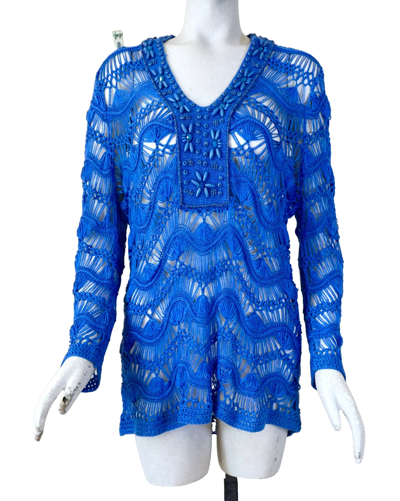 NWOT Chico\'s Women\'s Royal Blue LS Open Weave Embellished Crochet Top, Sz. 2 (L)
