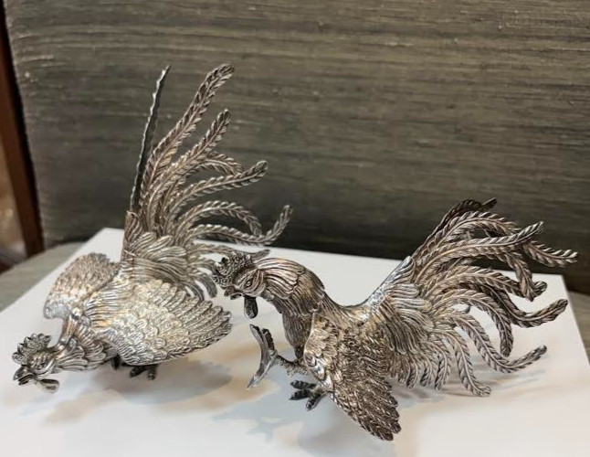 Vintage Antique Pair Fighting Roosters Sterling Silver 925