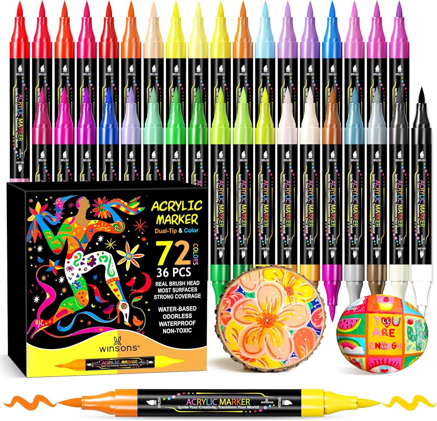 WINSONS 72 Colors Dual Tip Acrylic Paint Pens Markers, 36 Set Permanent Acrylic WINSONS 72 Colors Dual Tip Acrylic Paint Pens Markers, 36 Set Permanent Acrylic