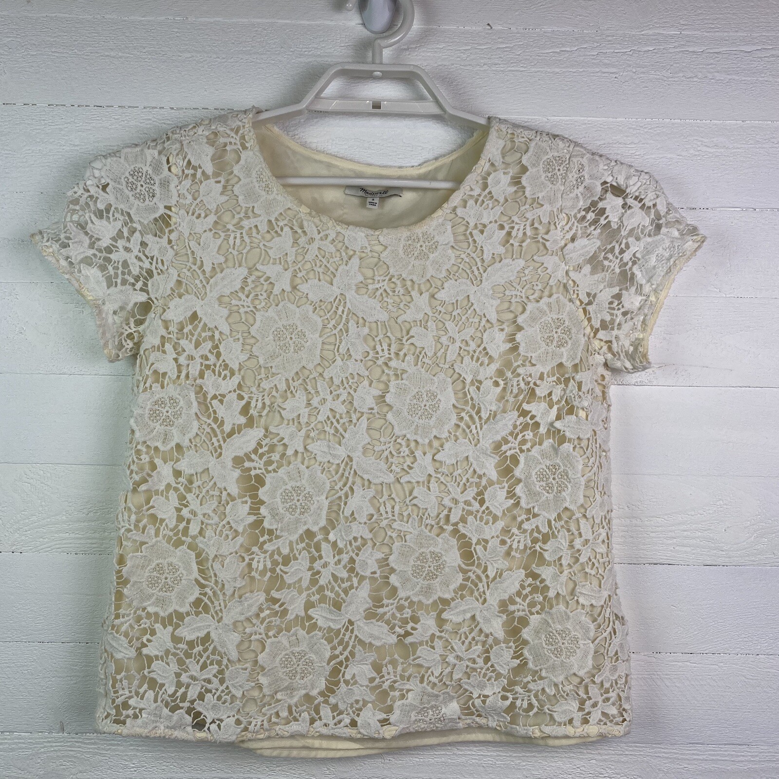 Madewell White Cream Meadowlace Tee Blouse Small Short Sleeve Lined Round Neck 