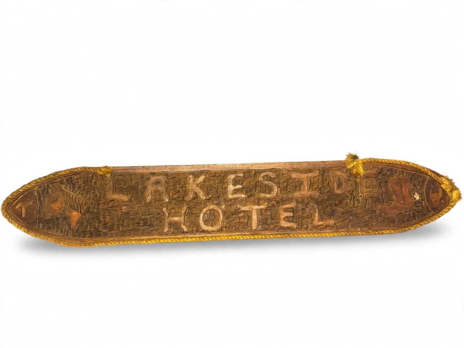 Antique LAKESIDE HOTEL Sign Hand Carved Wood Horse T Brand Cowboy Boot Folk Art
