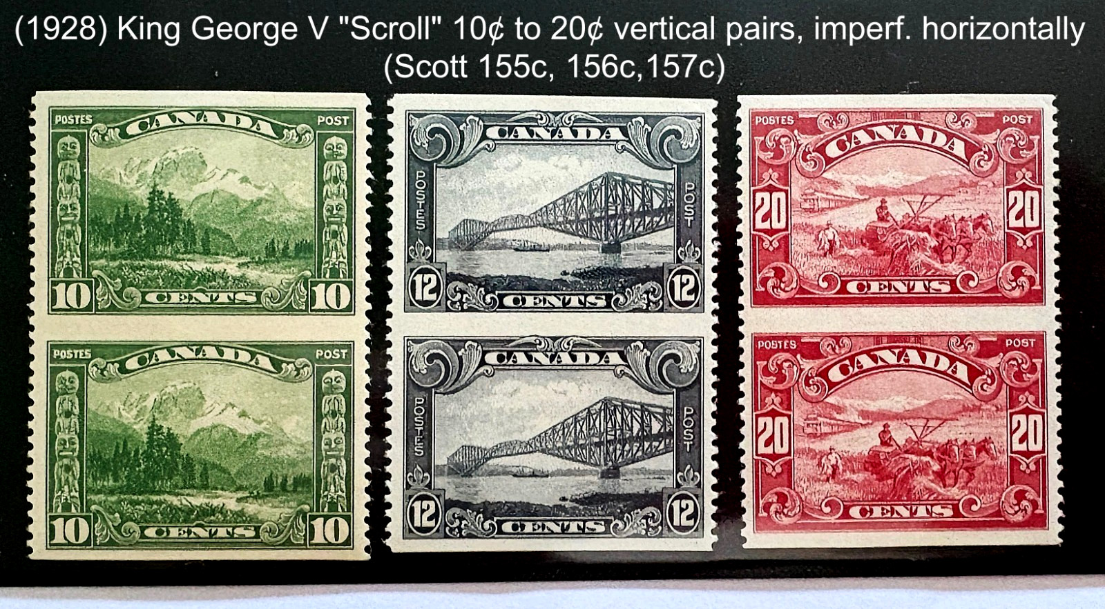 💥IMPERFORATE PAIRS💥 Canada Sc# 155c-157c Scroll Issue MXF VLH ONLY 250 PAIRS