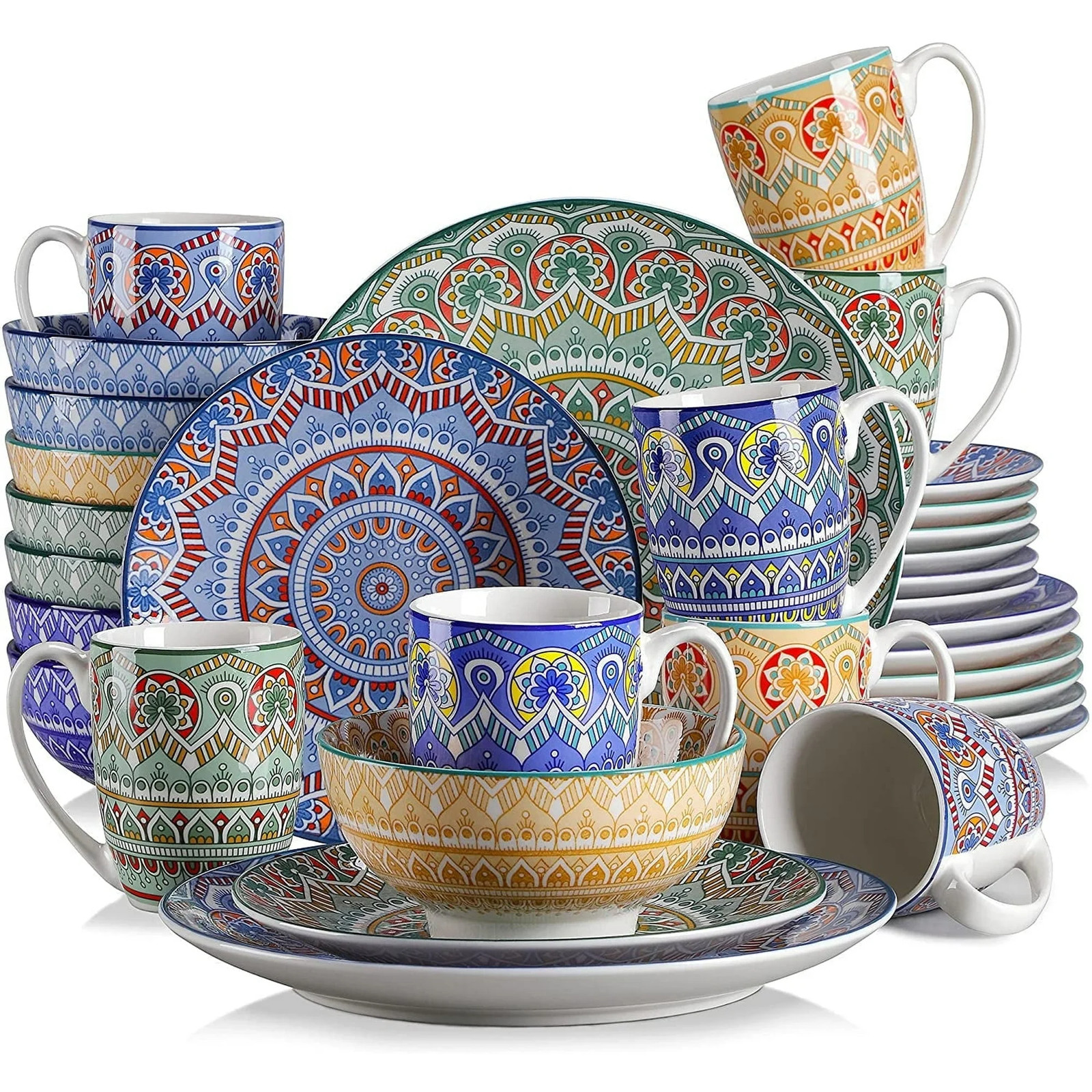 vancasso Series Mandala, 32 Piece Porcelain Dinnerware Set, Colourful Dinner