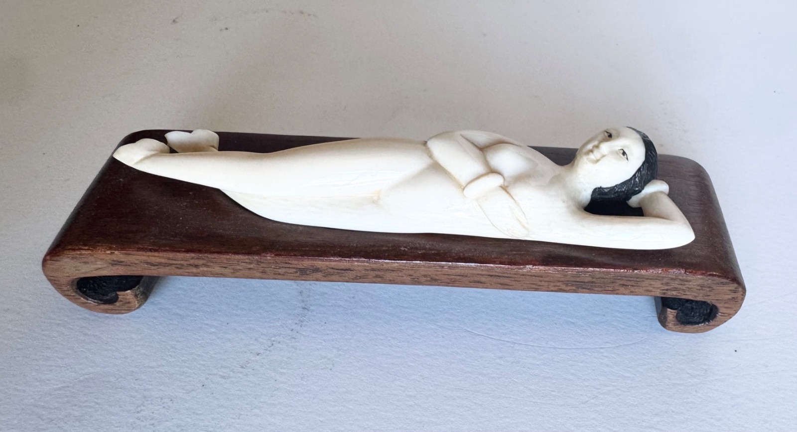 Japanese Miniature Reclining Nude Woman Figure Carved Style Wood Base