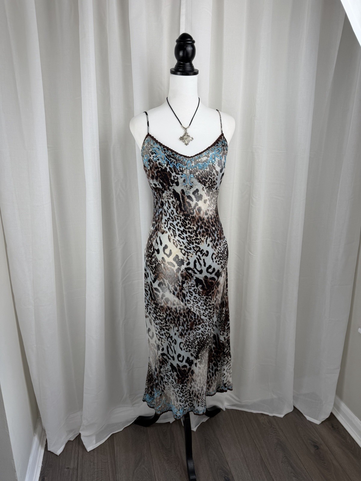 RARE Karen Hilton ASO Paris Hilton Silk Blue Beaded Leopard Print Maxi Dress