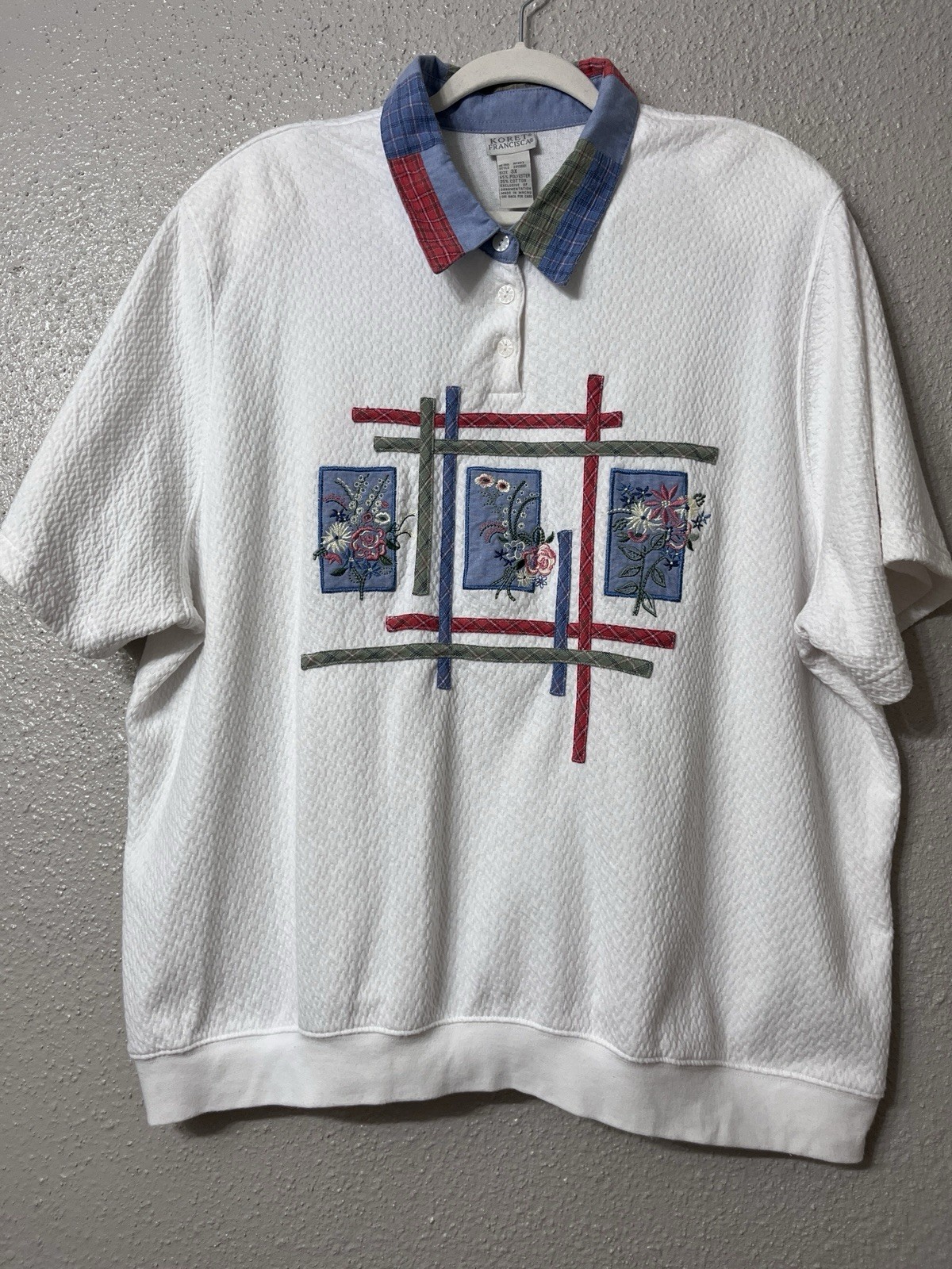Vintage Koret Francisca Embroidered Polo Shirt 3X White Plaid Collar Textured Vintage Koret Francisca Embroidered Polo Shirt 3X White Plaid Collar Textured