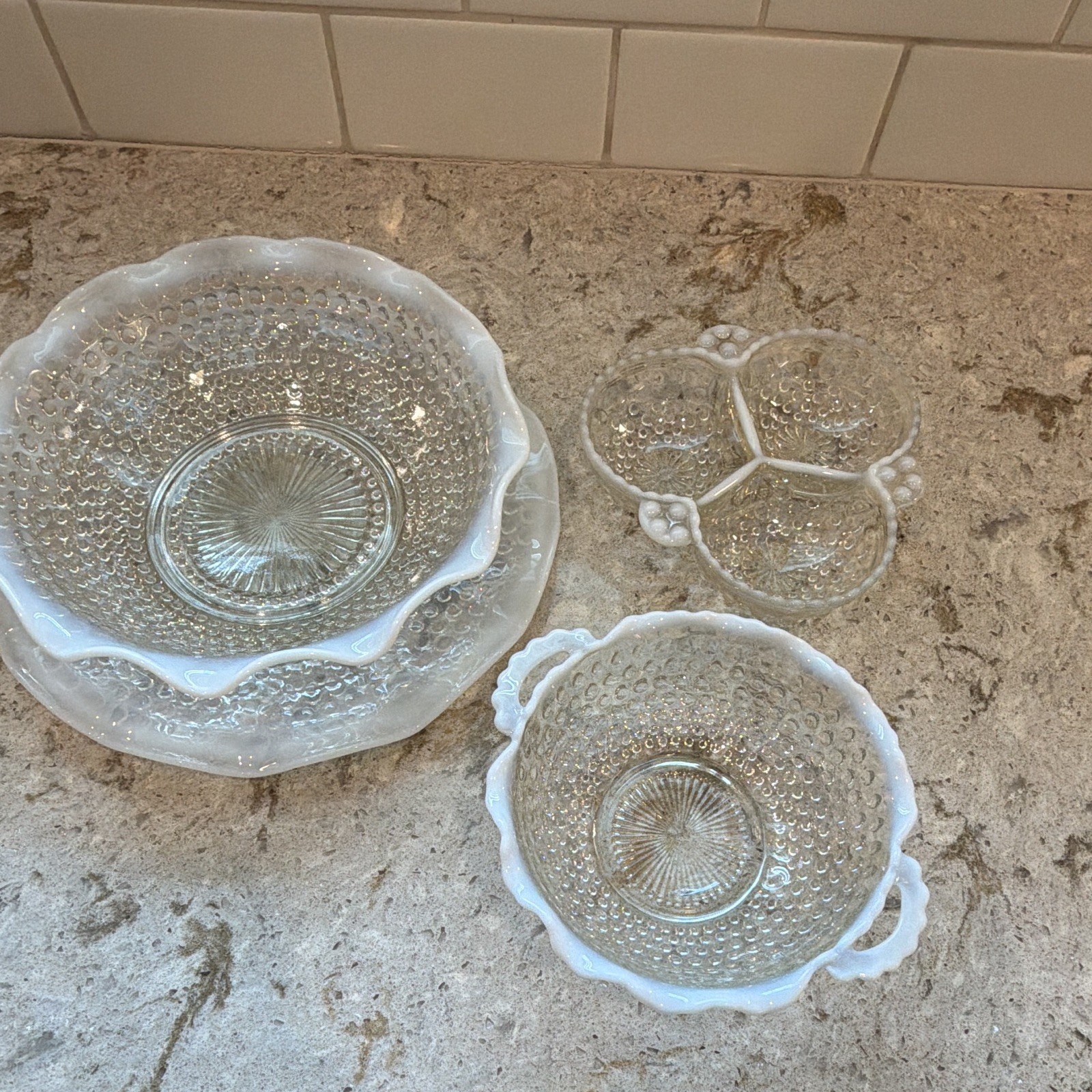 Vintage Mid-Century Moonstone Opalescent Hobnail Glassware Set - 3 Pieces