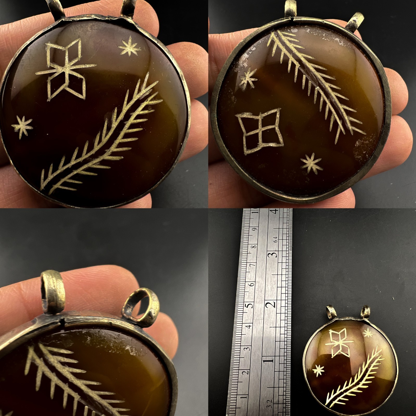 Pendant Leaf Star Motif Silver Tone Art Vintage Artisan Etched Brown Agate Pendant Leaf Star Motif Silver Tone Art Vintage Artisan Etched Brown Agate