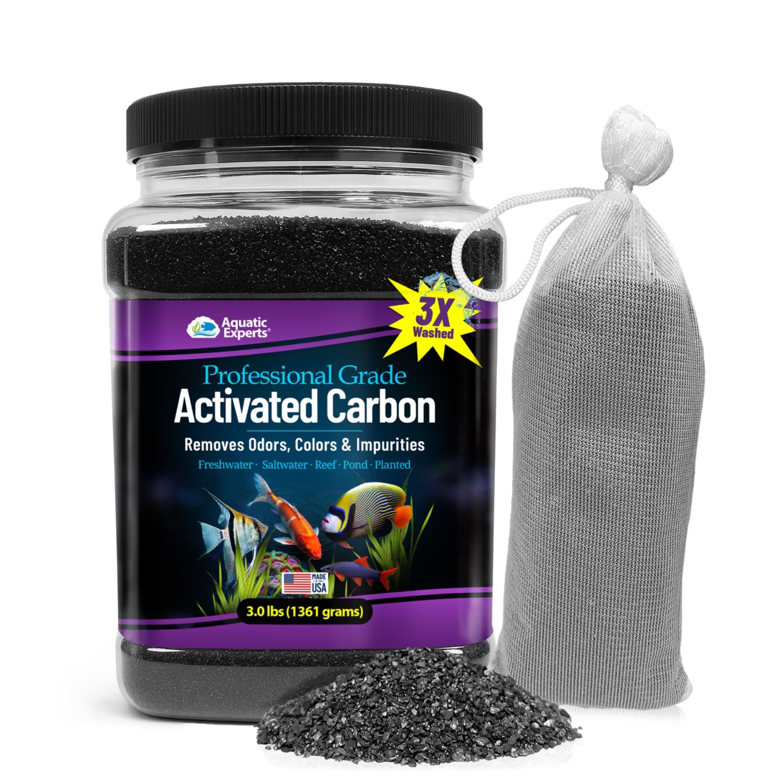 Aquatic Experts Premium Activated Carbon, Aquarium Filter Media & Fine Mesh Bag Aquatic Experts Premium Activated Carbon, Aquarium Filter Media & Fine Mesh Bag