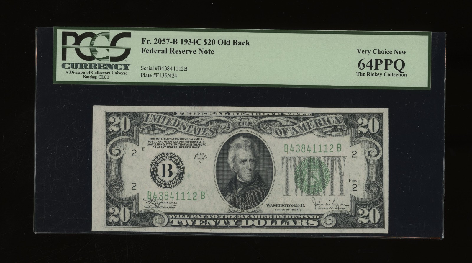 DBR 1934-C $20 FRN New York Old Back Fr. 2057-Bob PCGS 64 PPQ Serial B43841112B