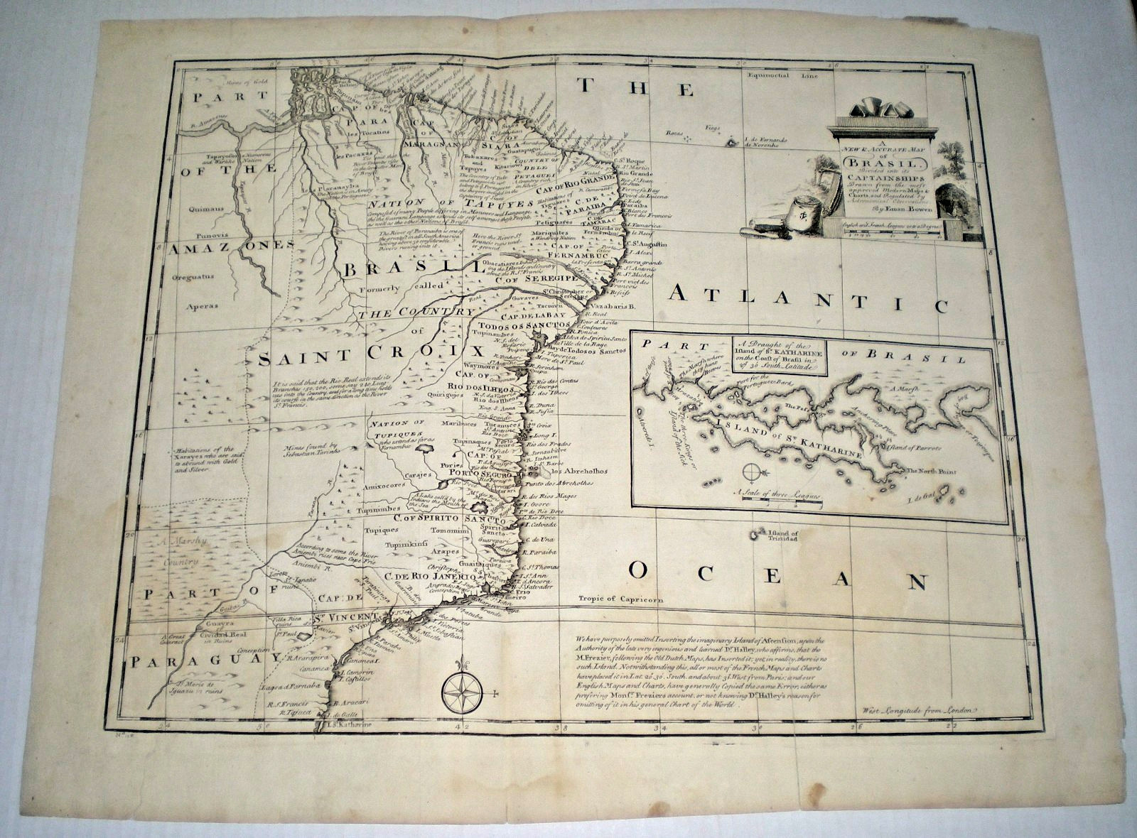 1747 Emanuel Bowen Map of Brazil ~ Captainships ~ Portuguese gold rush