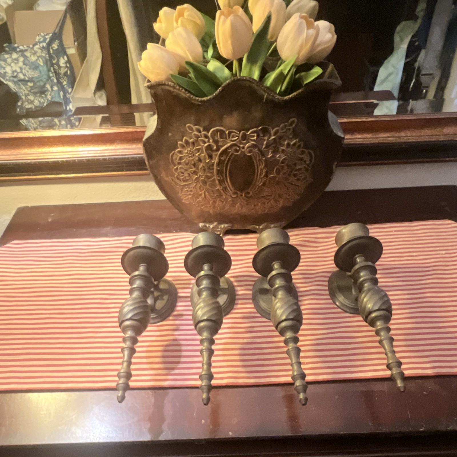 Set of 4 Antique Bronze Metal Wall Sconce Candle Holders Baroque Oval Taper