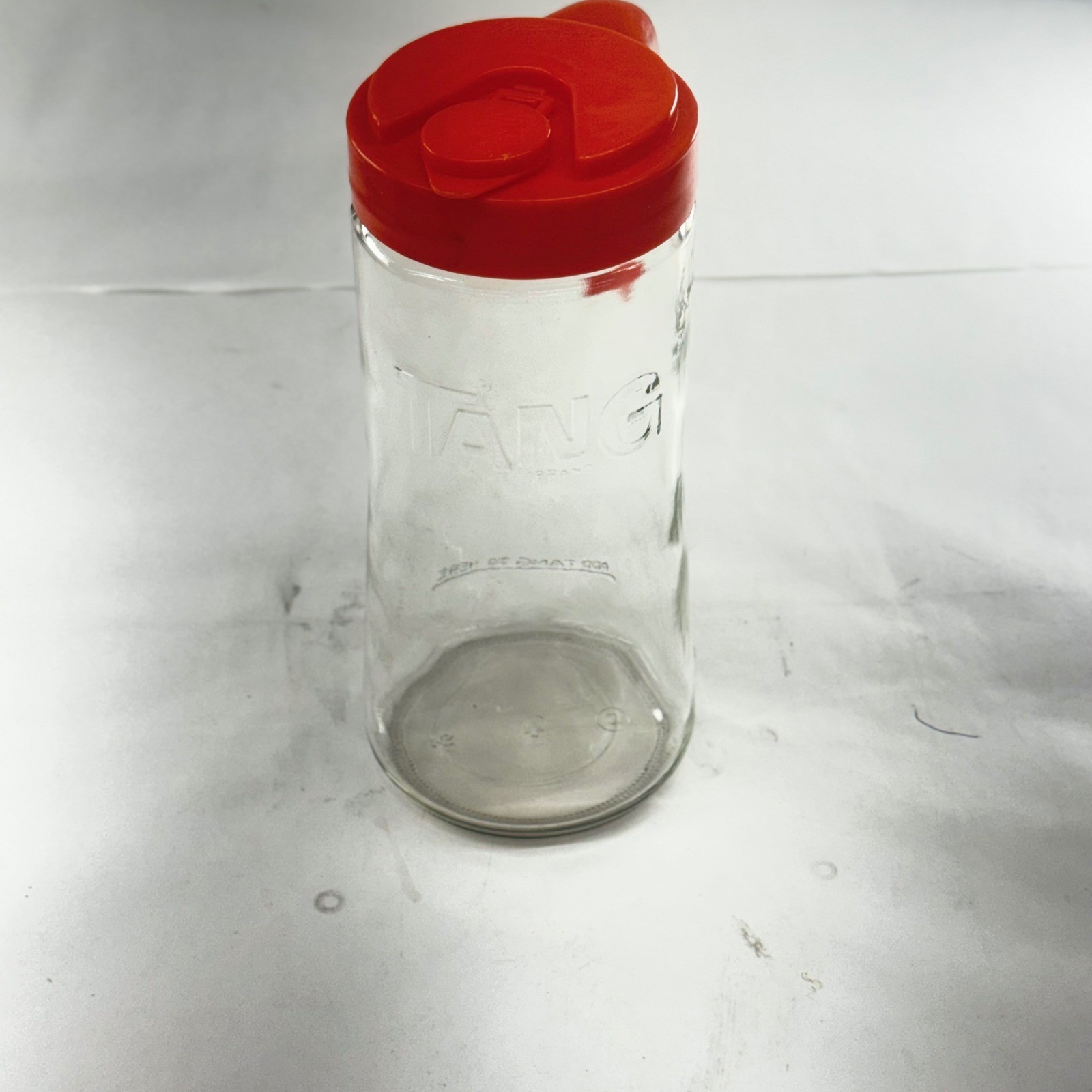 Vintage Tang Glass Pitcher with  Orange Plastic Lid Handle Embossed Logo Juice