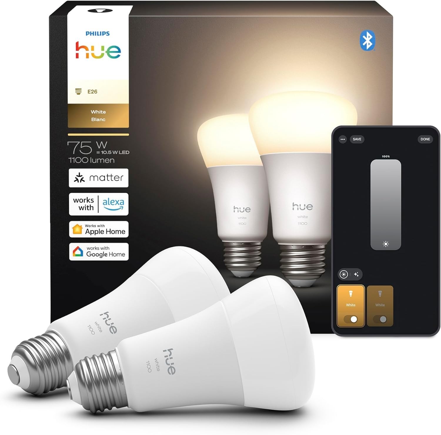 (2 - PACK) Philips Hue 9290024691A White Bluetooth 10.5W A19 1100 Lumen LED Bulb