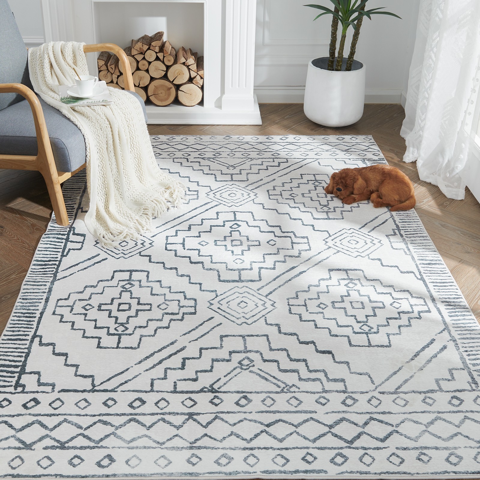 5 x 7 Medium Rugs  Moroccan Geometric Area Rug Washable Non-Slip Bedroom Gray