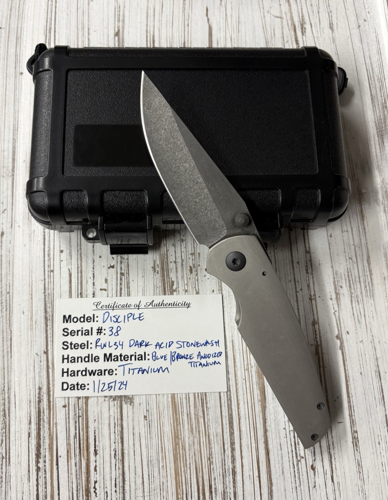 Jake McCoy Custom Knives Disciple #38 Stonewash Ti Framelock Acid Wash RWL34