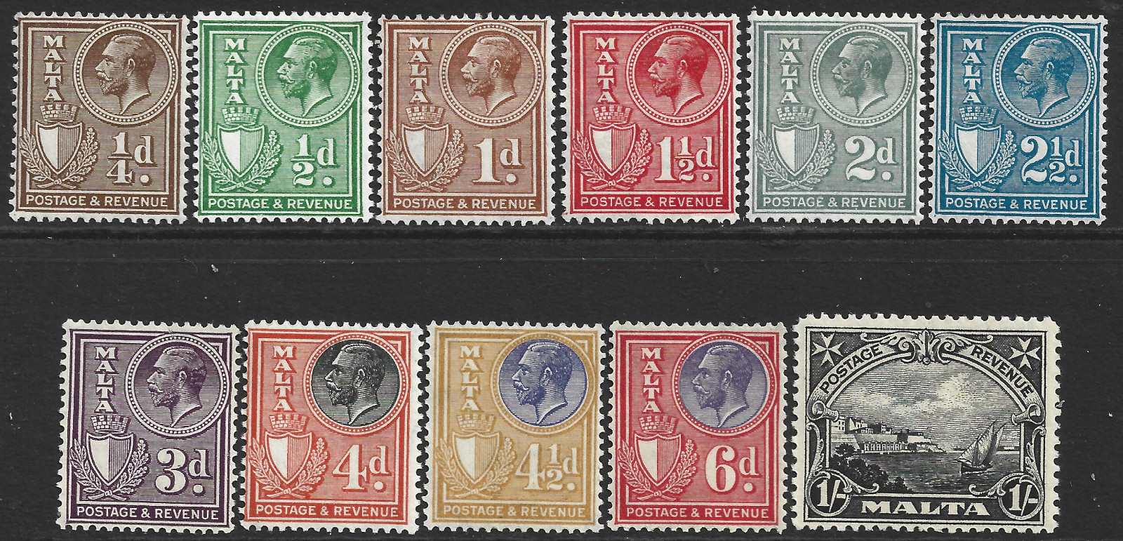 Malta 1930 KGV Values Complete to 1s  SG.193/203 Mint (Hinged) Cat:£25