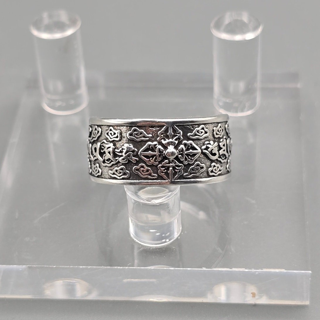 S925 Sterling Silver Tibetan Buddhist Vajra Mantra Band Ring Adjustable 10mm