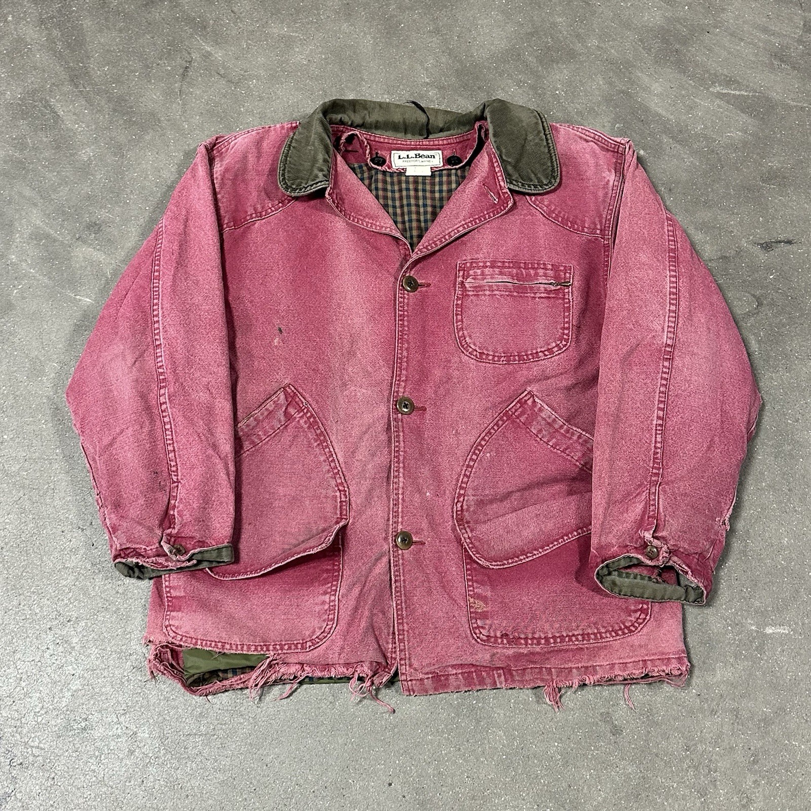 Vtg LL Bean Red Chore Jacket Coat Size L Canvas Barn Field Flannel Lined Worn