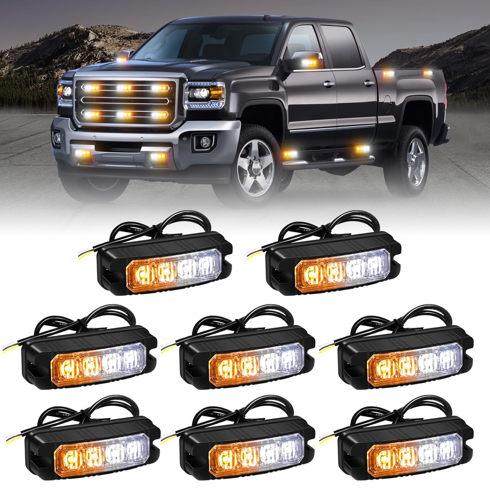 XRIDONSEN 8PCS Sync Truck Grill Lights 32 LED Strobe Lights Amber White Grille S