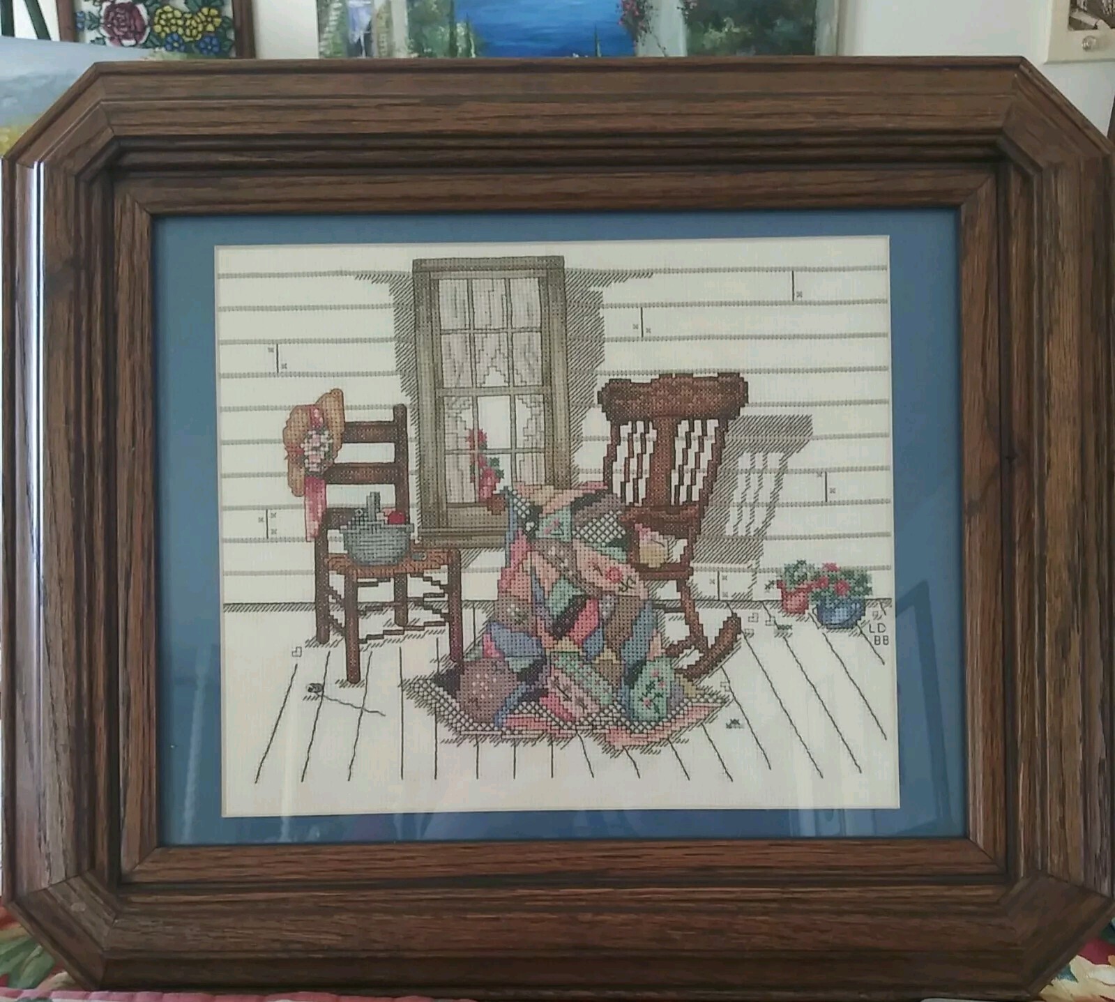 VTG 1988 Completed Needlepoint Framed Picture Porch/Rocking Chair 18.5 x 15.5\